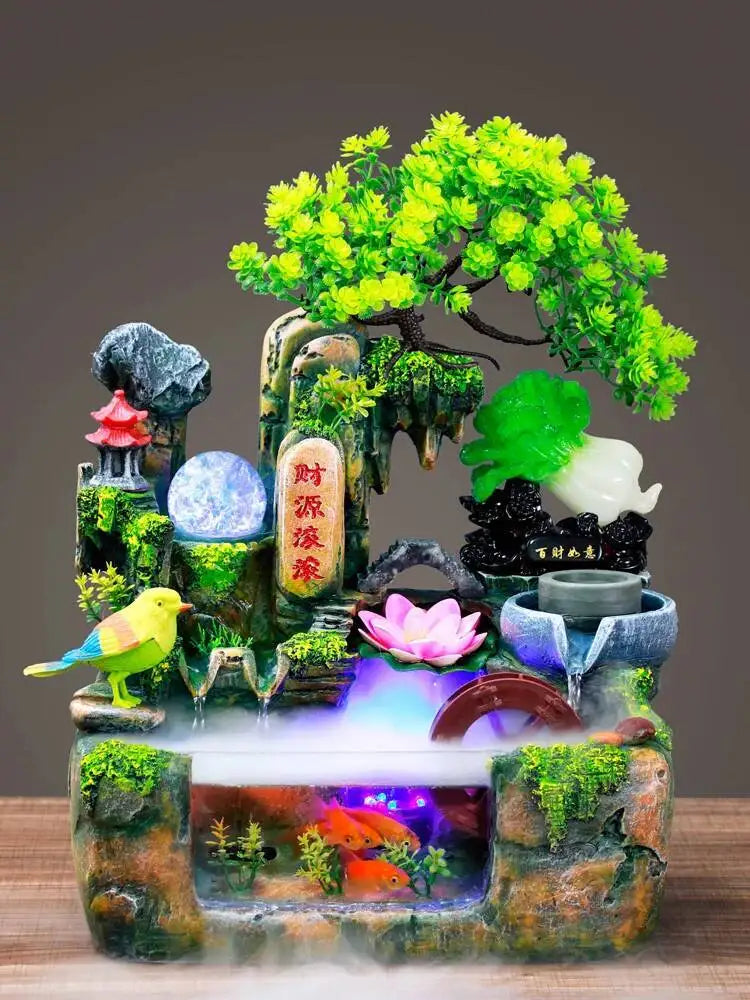 Rocky Mountain Waterfall Fountain with Flowing Water and Feng Shui Wheel – Small Fish Tank Decor for Living Room with Circulating Design