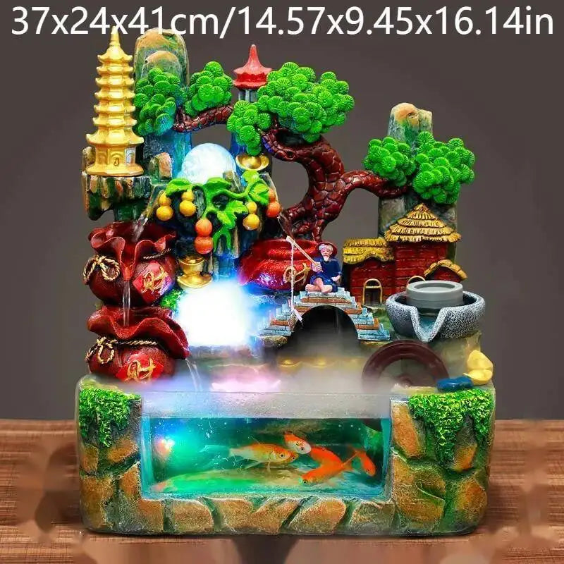 Rocky Mountain Waterfall Fountain with Flowing Water and Feng Shui Wheel – Small Fish Tank Decor for Living Room with Circulating Design