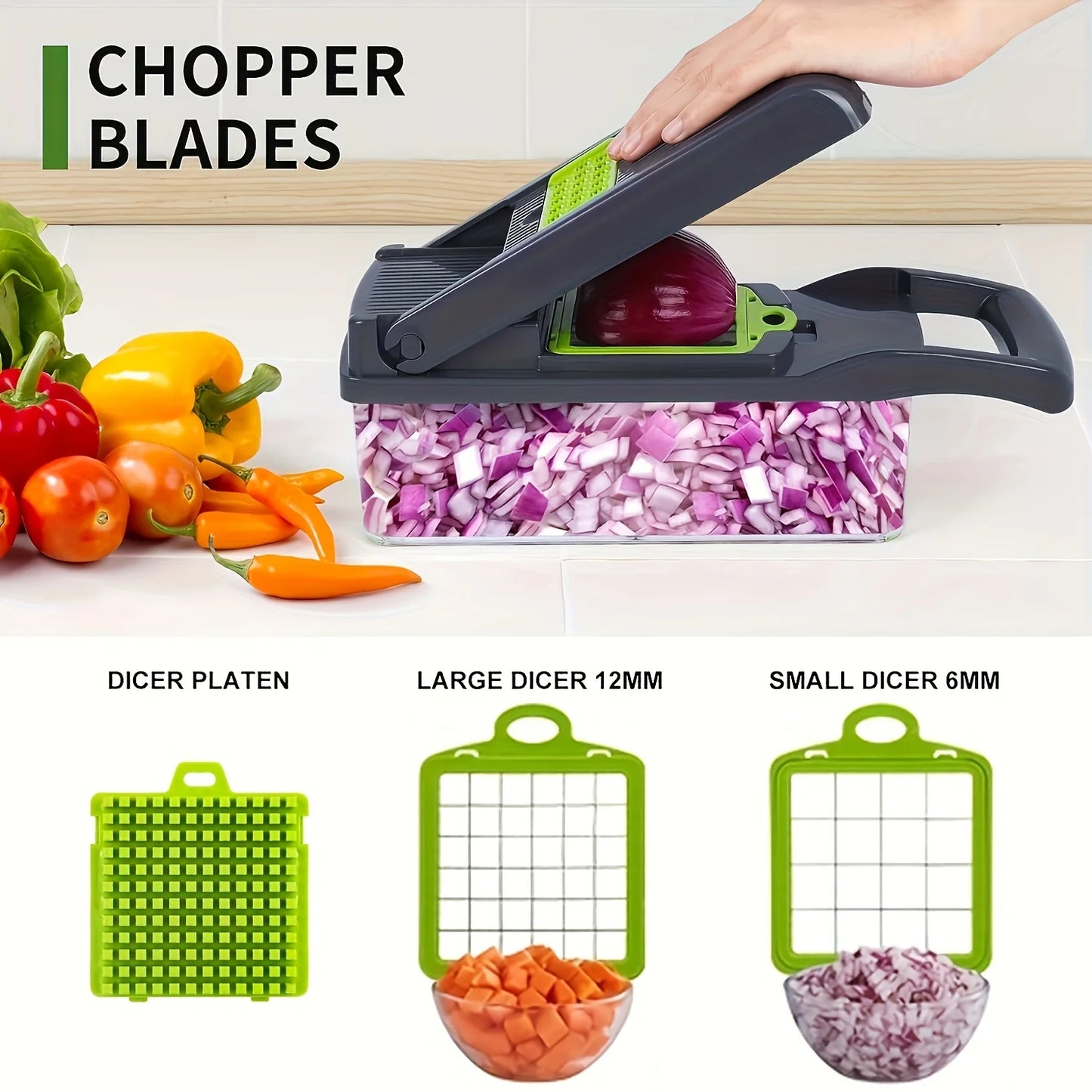 Plastic Food Slicer Dicer with Drain Basket, Hand Protector 16-in-1 Manual Vegetable Chopper