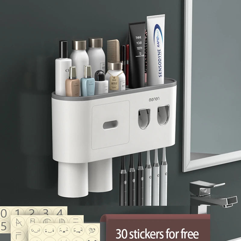 Magnetic Toothbrush Holder Storage Rack Automatic Toothpaste Dispenser Wall-Mounted Waterproof Bathroom Storage Accessories Set