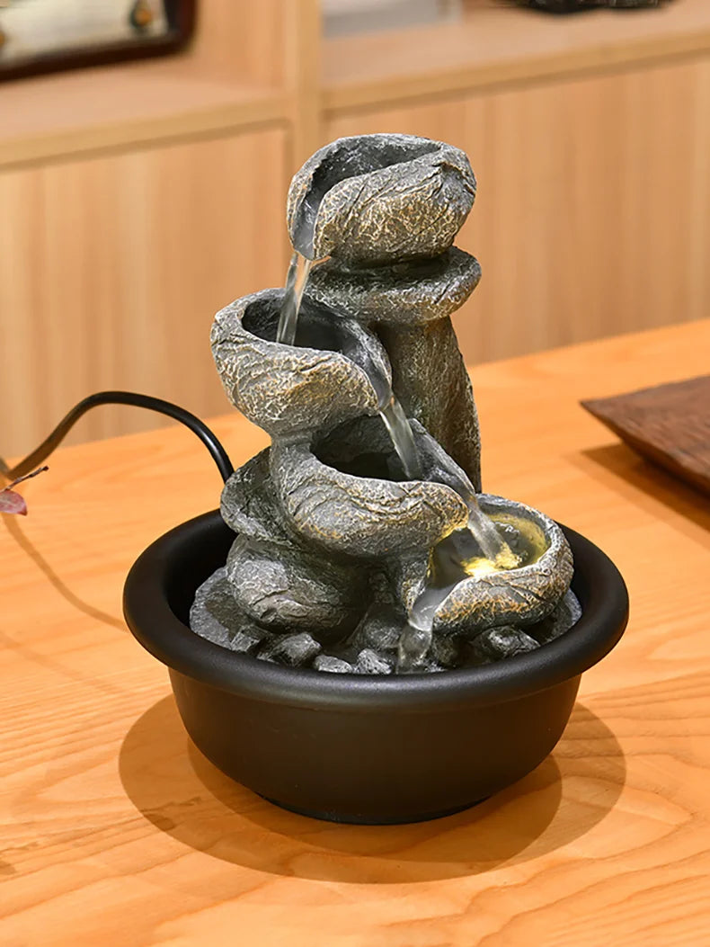 Stylish Miniature Waterfall Fountain with LED Light – Handcrafted Resin Zen Water Feature for Desk or Home, Ideal as a Decorative Gift