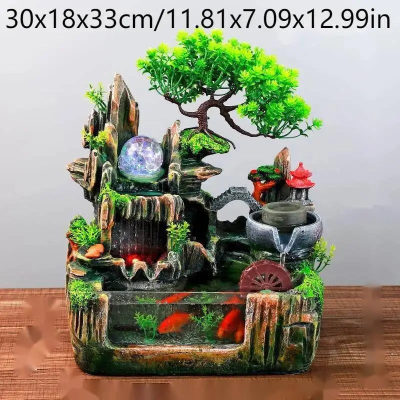 Rocky Mountain Waterfall Fountain with Flowing Water and Feng Shui Wheel – Small Fish Tank Decor for Living Room with Circulating Design