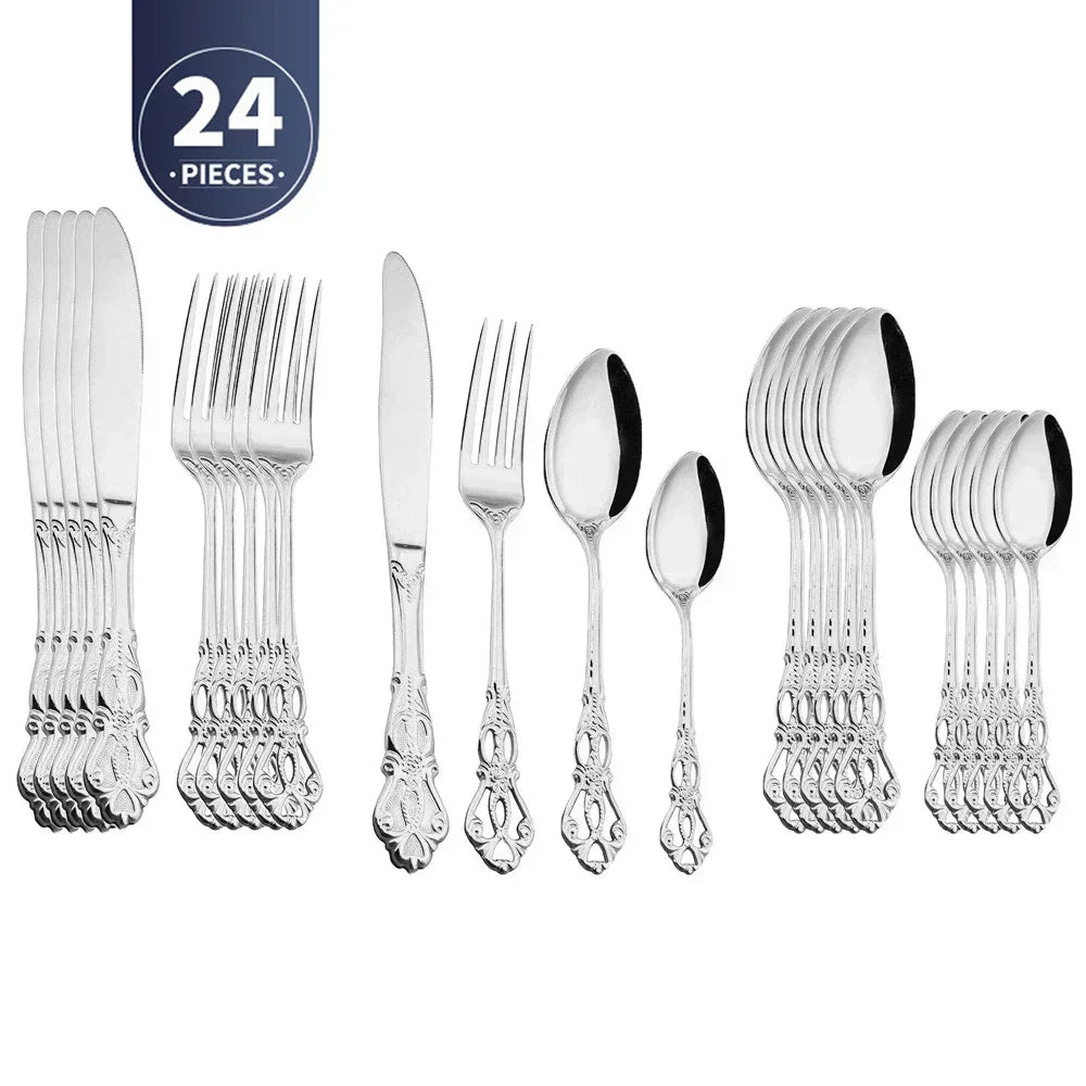 Royal European Spoon Fork Complete Set of Golden Stainless Steel Cutlery, Retro Style, Dishwasher Safe, Stylish Cutlery