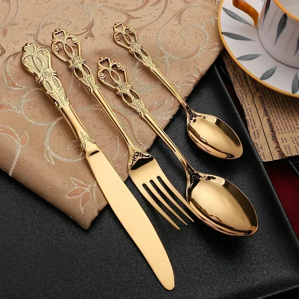 Royal European Spoon Fork Complete Set of Golden Stainless Steel Cutlery, Retro Style, Dishwasher Safe, Stylish Cutlery