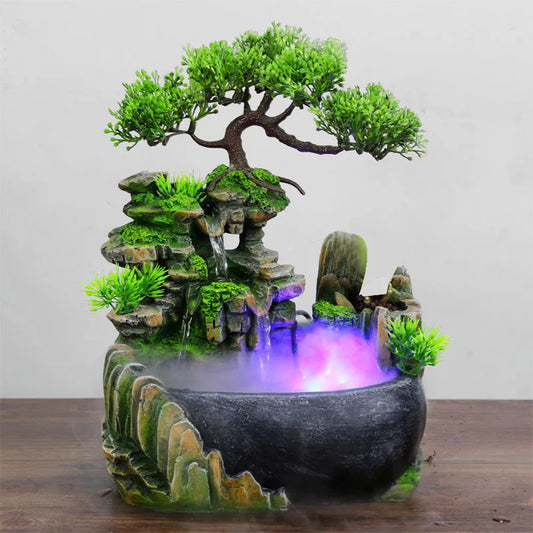 Desktop Fountain – Tabletop Waterfall Ornament with Flowing Water, Color-Changing LED Lights, and Mist for Office Decor