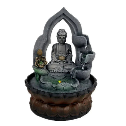 Indoor Air Humidifier Waterfall Fountain – Tabletop LED Relaxation Fountain with Feng Shui Buddha Statue for Office or Home Decor