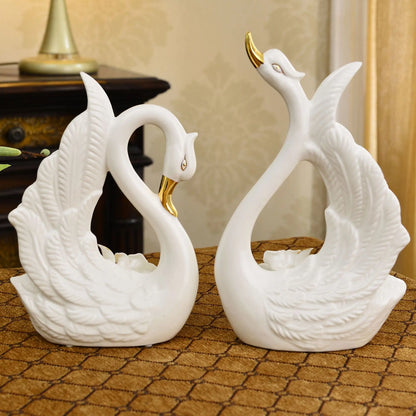 Home Decoration Ceramic Pair White Swan Lovers