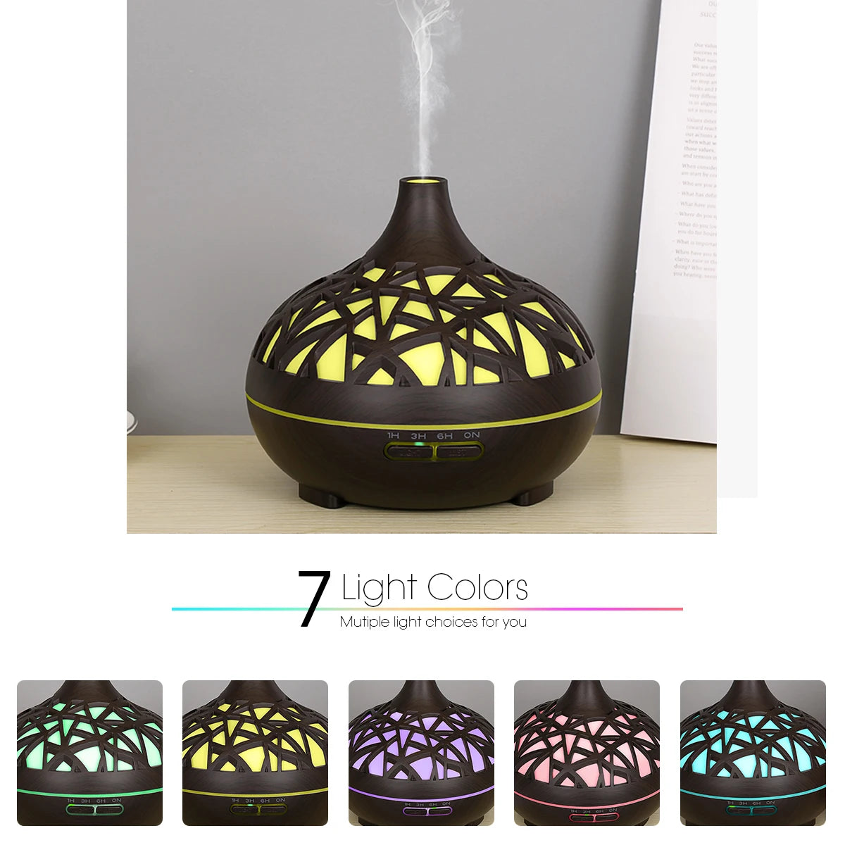 Humidifier Aromatherapy Essential Oil Diffuser Hollow Wood Grain Remote Control Ultrasonic Air Humidifier Cool with 7 Color LED