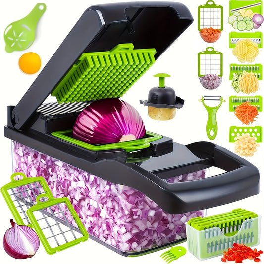 Plastic Food Slicer Dicer with Drain Basket, Hand Protector  16-in-1 Manual Vegetable Chopper