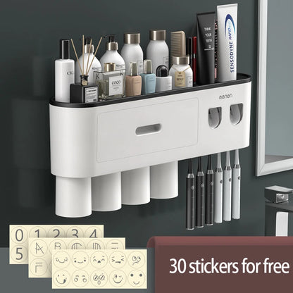 Magnetic Toothbrush Holder Storage Rack Automatic Toothpaste Dispenser Wall-Mounted Waterproof Bathroom Storage Accessories Set