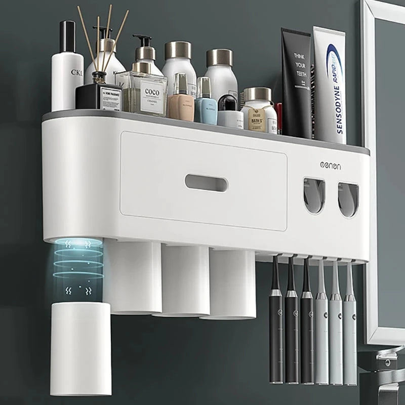 Magnetic Toothbrush Holder Storage Rack Automatic Toothpaste Dispenser Wall-Mounted Waterproof Bathroom Storage Accessories Set