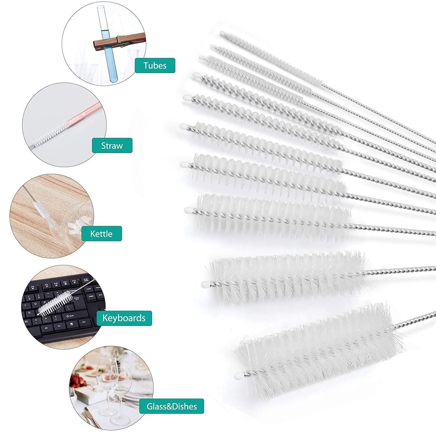 10 pieces per set Multipurpose Portable Glass Washing Tube Cleaning Brush Set Made of Stainless Steel for the Home