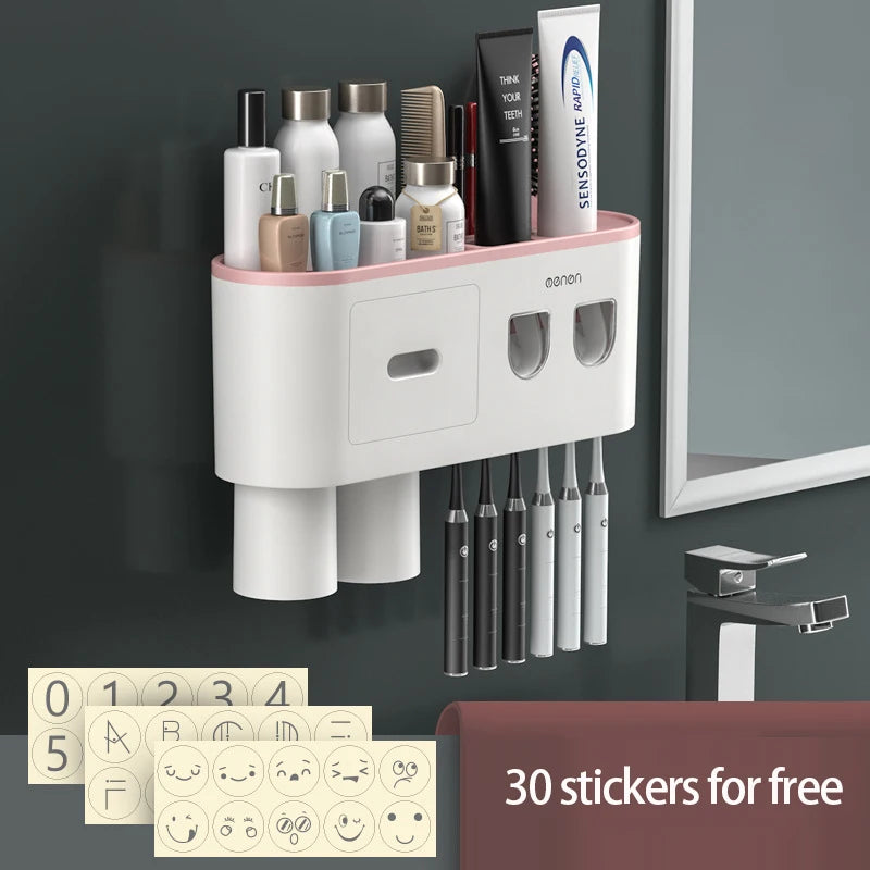 Magnetic Toothbrush Holder Storage Rack Automatic Toothpaste Dispenser Wall-Mounted Waterproof Bathroom Storage Accessories Set