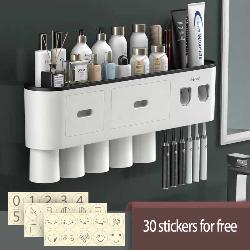 Magnetic Toothbrush Holder Storage Rack Automatic Toothpaste Dispenser Wall-Mounted Waterproof Bathroom Storage Accessories Set