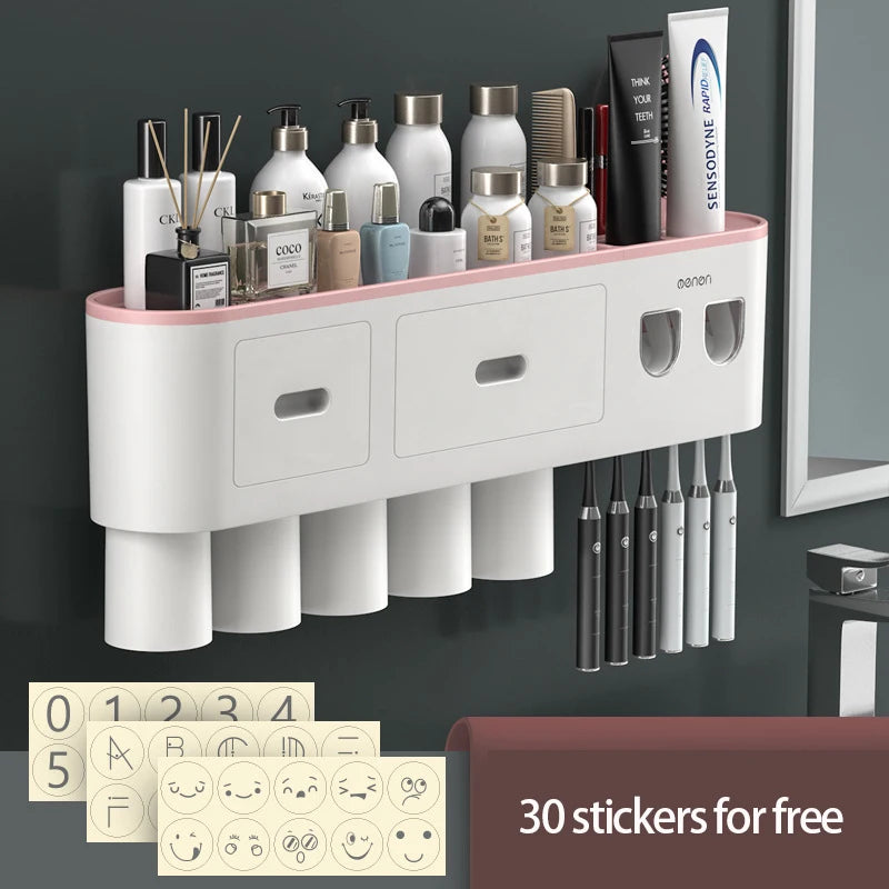 Magnetic Toothbrush Holder Storage Rack Automatic Toothpaste Dispenser Wall-Mounted Waterproof Bathroom Storage Accessories Set