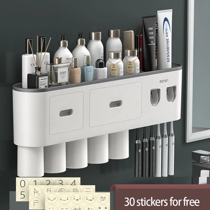 Magnetic Toothbrush Holder Storage Rack Automatic Toothpaste Dispenser Wall-Mounted Waterproof Bathroom Storage Accessories Set