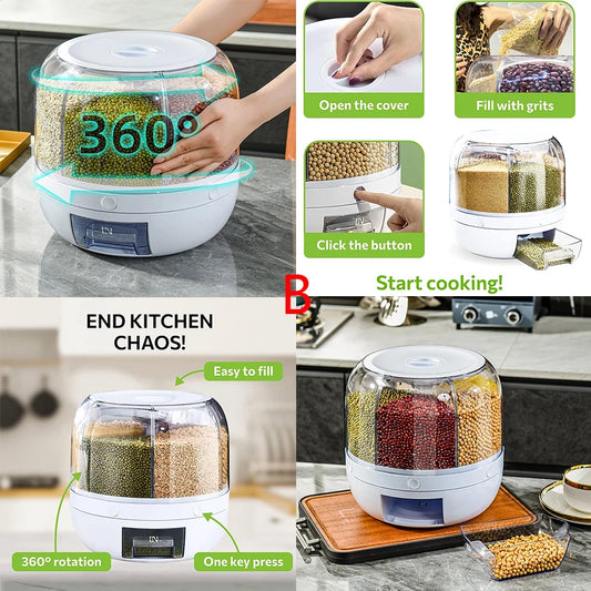 Food Dispenser 360° Rotating 6-Grid - Airtight Kitchen Storage Container for Grains,  Nuts, Cereal & Dry Goods