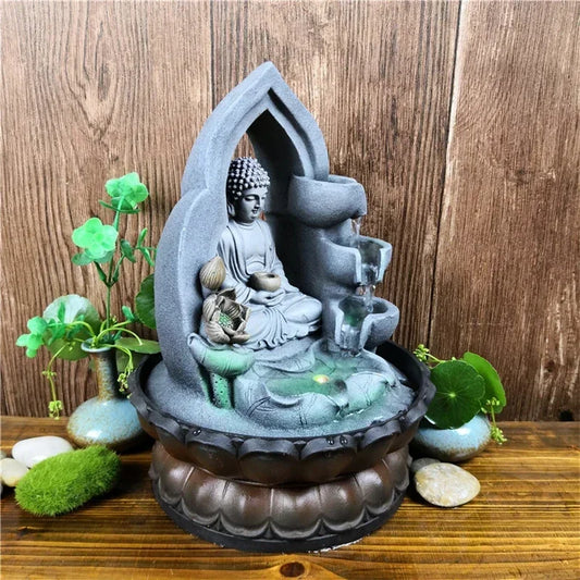 Indoor Air Humidifier Waterfall Fountain – Tabletop LED Relaxation Fountain with Feng Shui Buddha Statue for Office or Home Decor