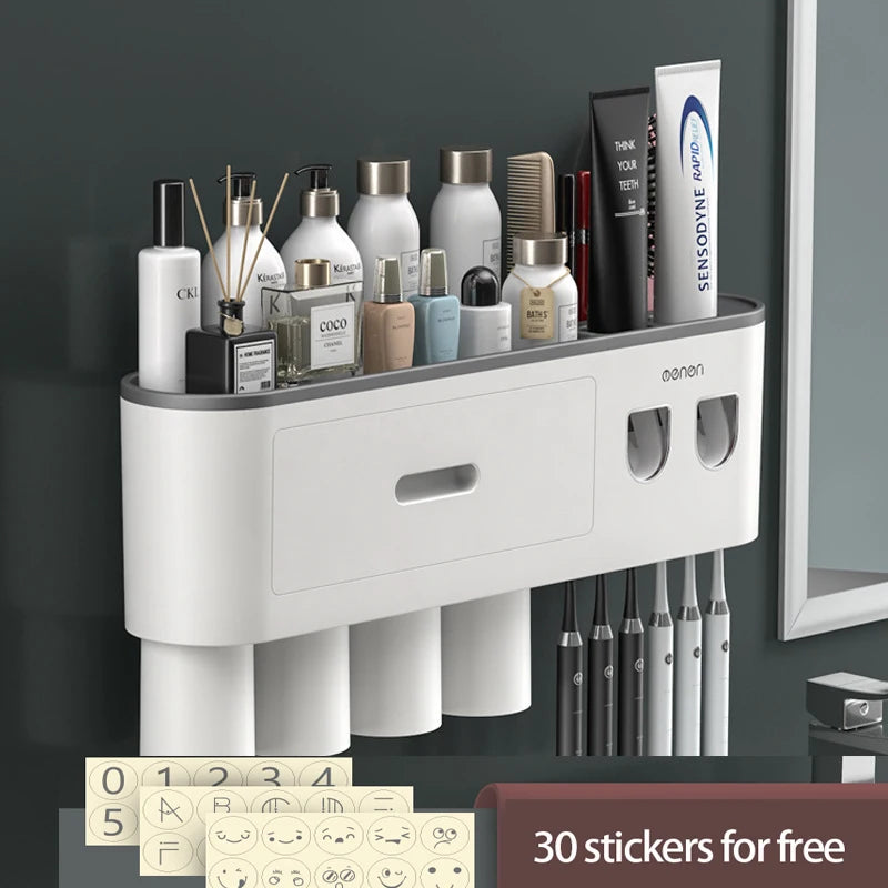 Magnetic Toothbrush Holder Storage Rack Automatic Toothpaste Dispenser Wall-Mounted Waterproof Bathroom Storage Accessories Set