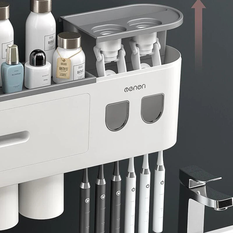 Magnetic Toothbrush Holder Storage Rack Automatic Toothpaste Dispenser Wall-Mounted Waterproof Bathroom Storage Accessories Set