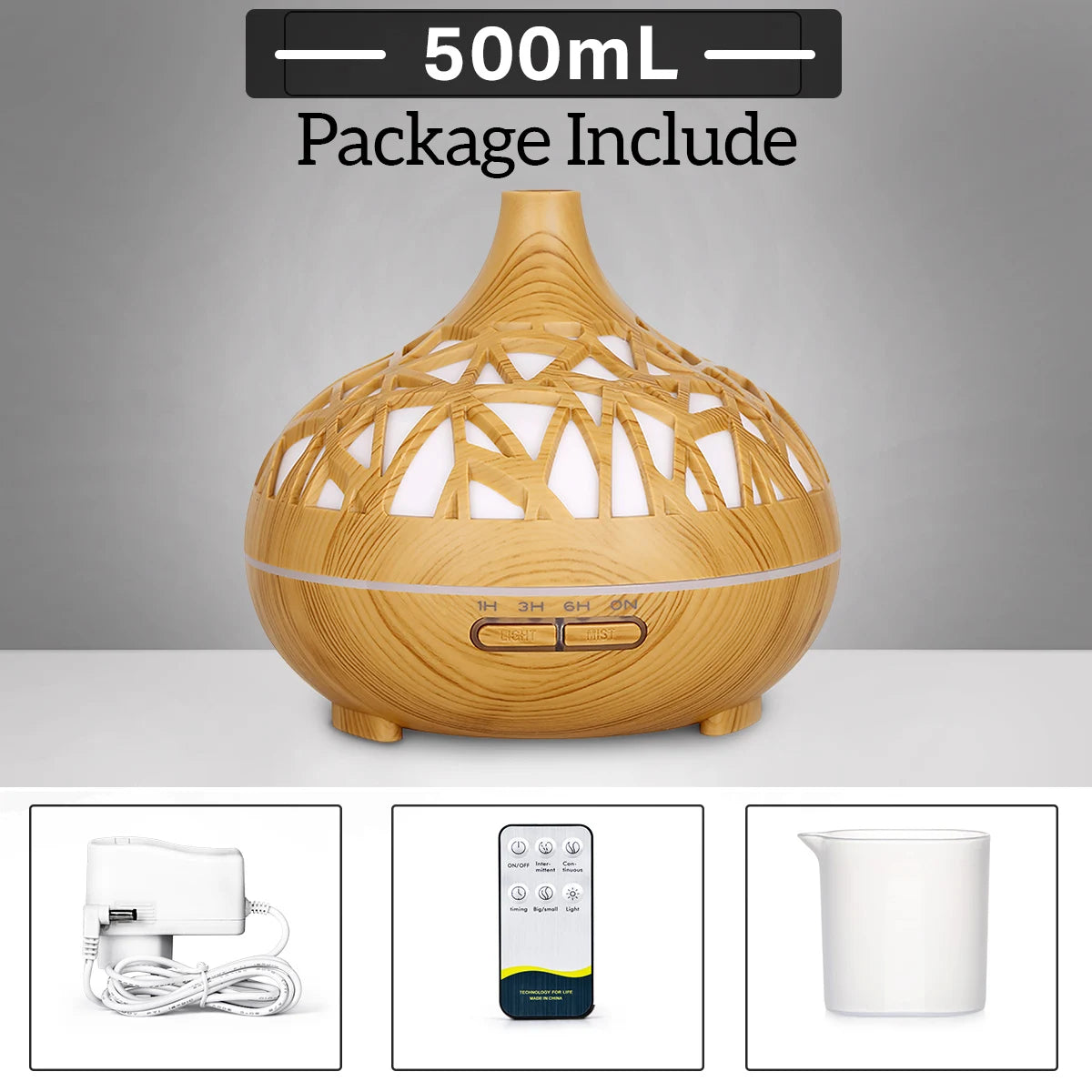 Humidifier Aromatherapy Essential Oil Diffuser Hollow Wood Grain Remote Control Ultrasonic Air Humidifier Cool with 7 Color LED
