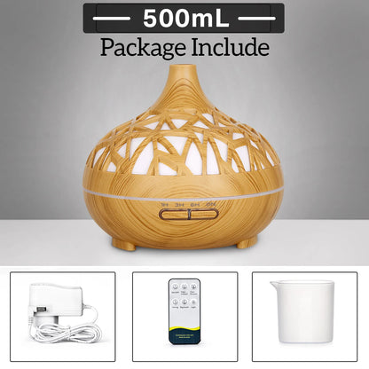 Humidifier Aromatherapy Essential Oil Diffuser Hollow Wood Grain Remote Control Ultrasonic Air Humidifier Cool with 7 Color LED