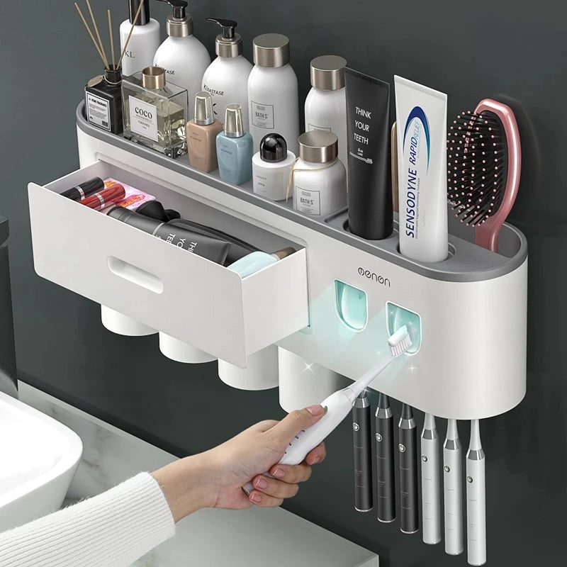 Magnetic Toothbrush Holder Storage Rack Automatic Toothpaste Dispenser Wall-Mounted Waterproof Bathroom Storage Accessories Set