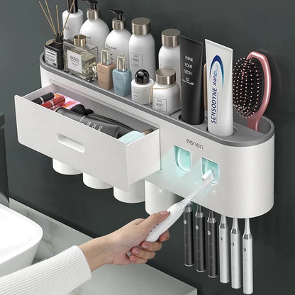 Magnetic Toothbrush Holder Storage Rack Automatic Toothpaste Dispenser Wall-Mounted Waterproof Bathroom Storage Accessories Set