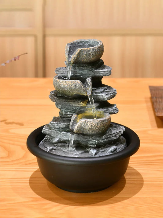 Stylish Miniature Waterfall Fountain with LED Light – Handcrafted Resin Zen Water Feature for Desk or Home, Ideal as a Decorative Gift