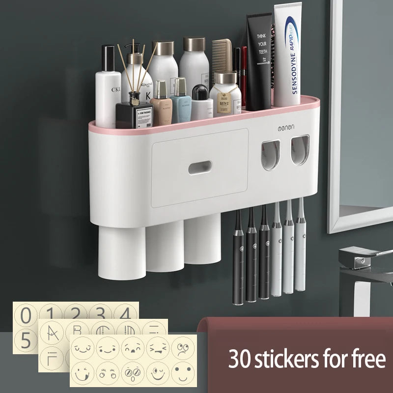 Magnetic Toothbrush Holder Storage Rack Automatic Toothpaste Dispenser Wall-Mounted Waterproof Bathroom Storage Accessories Set