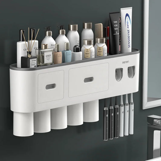 Magnetic Toothbrush Holder Storage Rack Automatic Toothpaste Dispenser Wall-Mounted Waterproof Bathroom Storage Accessories Set