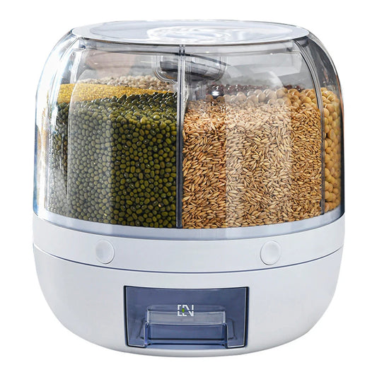 Food Dispenser 360° Rotating 6-Grid - Airtight Kitchen Storage Container for Grains,  Nuts, Cereal & Dry Goods