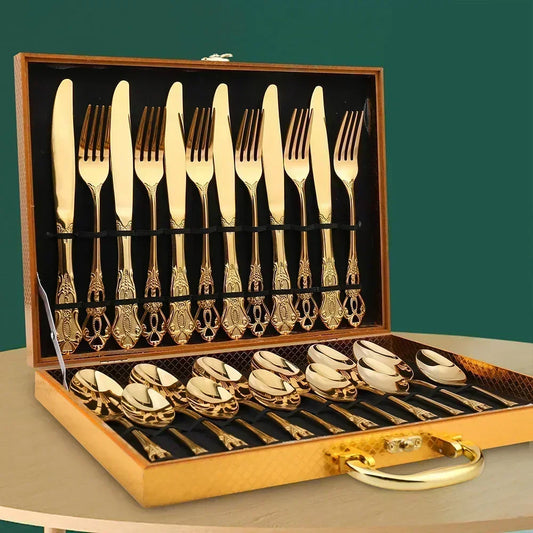 Royal European Spoon Fork Complete Set of Golden Stainless Steel Cutlery, Retro Style, Dishwasher Safe, Stylish Cutlery