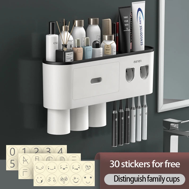 Magnetic Toothbrush Holder Storage Rack Automatic Toothpaste Dispenser Wall-Mounted Waterproof Bathroom Storage Accessories Set