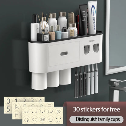 Magnetic Toothbrush Holder Storage Rack Automatic Toothpaste Dispenser Wall-Mounted Waterproof Bathroom Storage Accessories Set