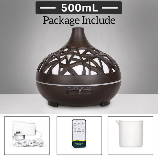 Humidifier Aromatherapy Essential Oil Diffuser Hollow Wood Grain Remote Control Ultrasonic Air Humidifier Cool with 7 Color LED