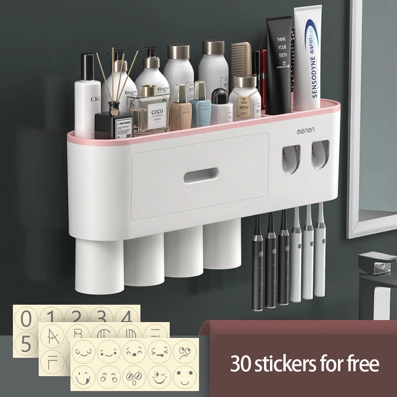 Magnetic Toothbrush Holder Storage Rack Automatic Toothpaste Dispenser Wall-Mounted Waterproof Bathroom Storage Accessories Set